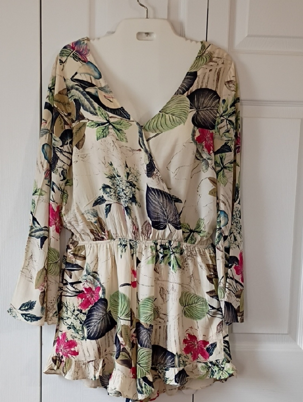 Entro Cream Floral Wrap Romper with Green, Red,Pink, Black